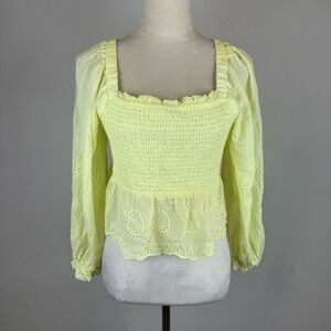 American Eagle Outfitters Light Yellow Smocked Lace‎ Blouse